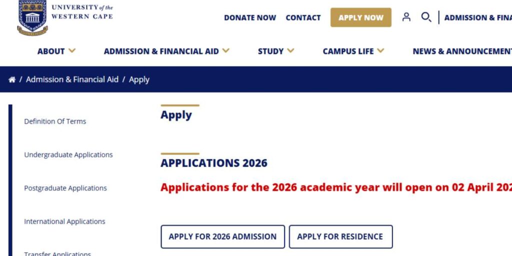 University of the Western Cape (UWC) Online Application 2025/2026